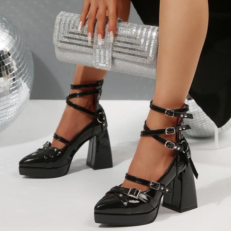 Fashion 2025 Punk Platform Chunky High Heels Women Metal Ankle Strap Mary Jane Lolita Shoes Woman Y2K Black Patent Leather Cosplay Shoes