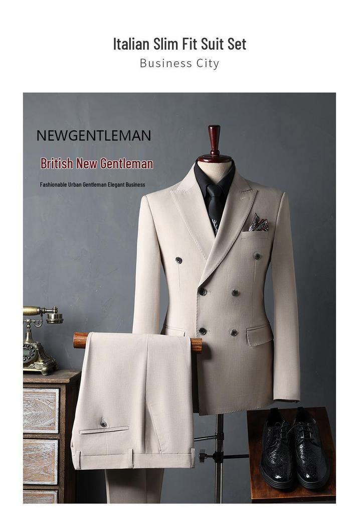 Korean-Style Apricot Double-Breasted Men's Suit, 2024 Autumn Wedding & Best Man Attire