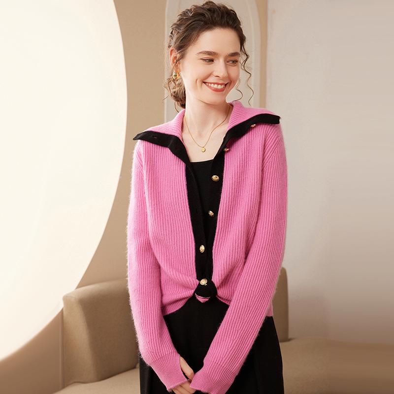 Women's Cashmere Knit Color-Block Polo Cardigan with Split Cuffs and Long Sleeves