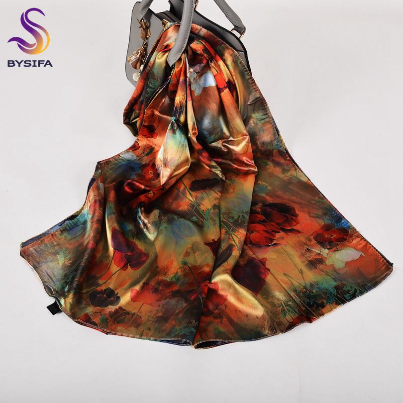 [BYSIFA] Fall New Silk Scarf Hijab Printed Elegant Green Plum Blossom Satin Long Scarves Shawls Winter Women Accessories Wraps