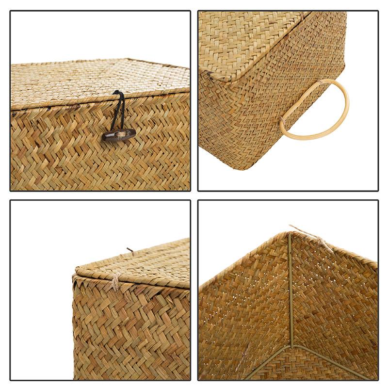 Hand Weaving Seaweed Shelf Baskets with Lid Rectangular Bin Woven Storage Box with Handle Home Organizer Bedroom