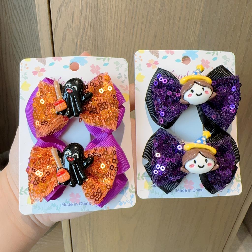 2Pcs/Set New Halloween Cartoon Hairpins Bows Hair Accessories Lace Sequin Hairpins Children Cute Barrettes Kids Gift