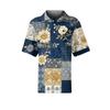 Women's Casual Short Sleeve Waffle Knit Polo Shirt Vintage Floral Print Button Down Collared Top Lightweight Breathable Fabric