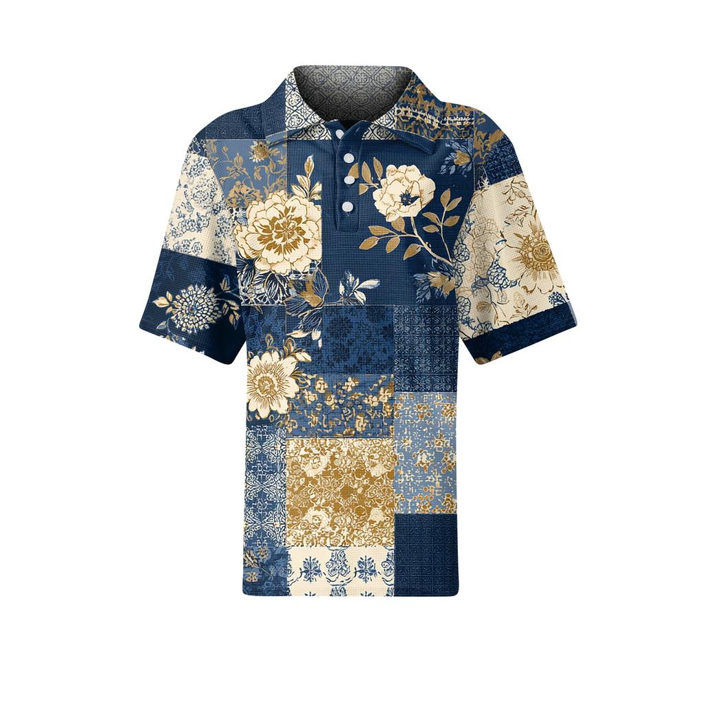 Women's Casual Short Sleeve Waffle Knit Polo Shirt Vintage Floral Print Button Down Collared Top Lightweight Breathable Fabric