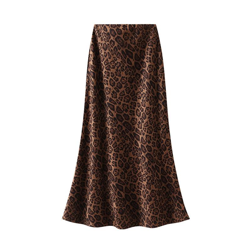 Midi Skirts for Women Elasticized Waistband A Line High Waisted Silk Long Skirt for Fall Winter Women's Leopard Print Flowy Cocktail Maxi Satin Skirts