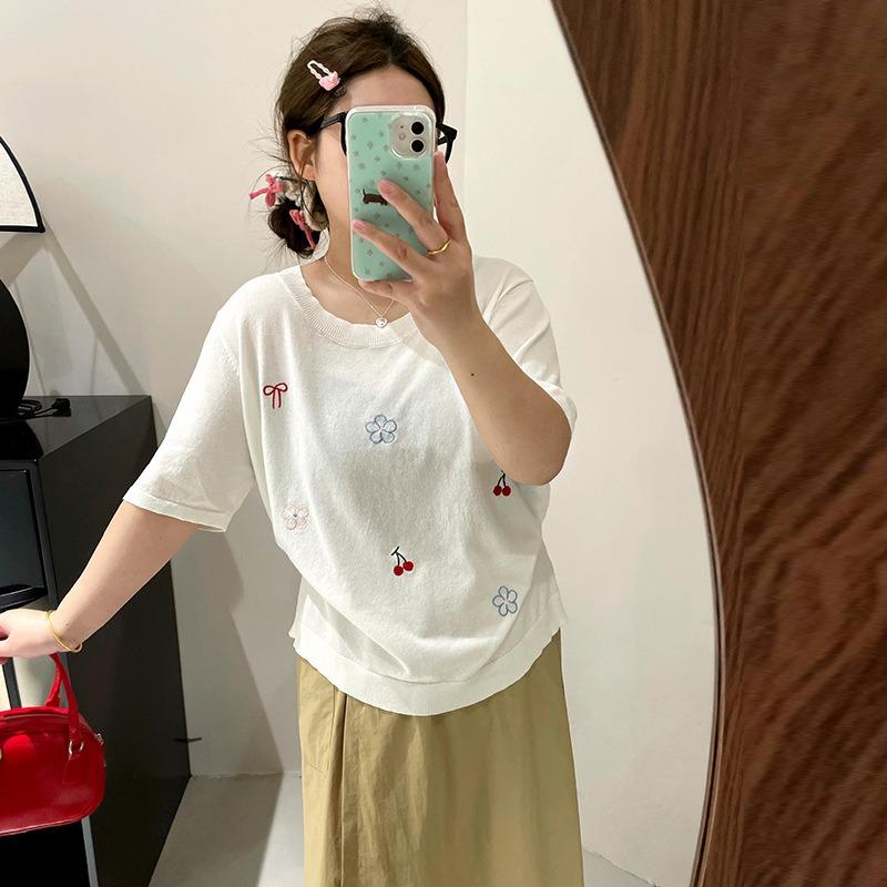 Damen Rundhals-Oberteil Damen Bestickter Strickpullover Molliges Mädchen Lässig Locker Kurzarm-T-Shirt