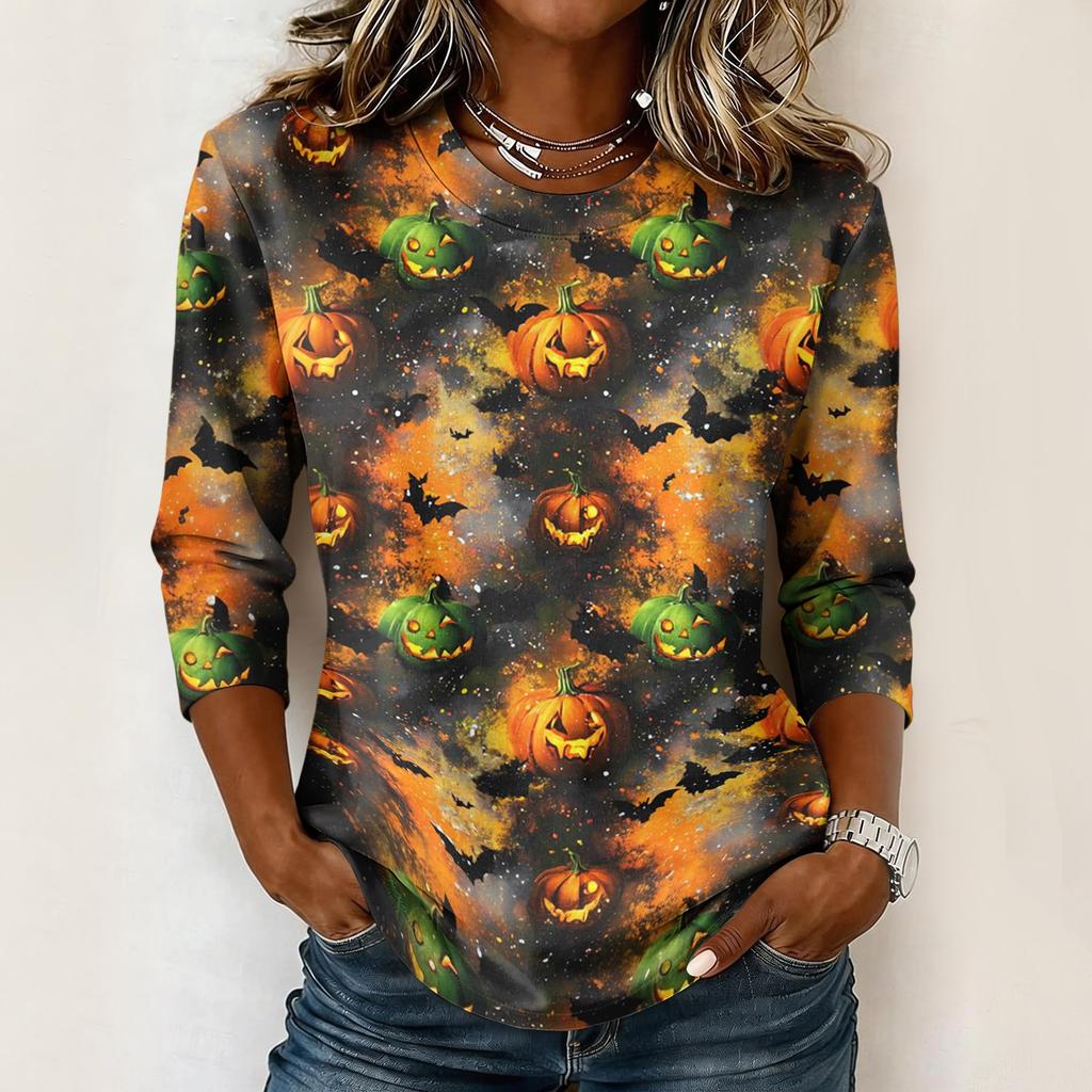 Women Loose Fit Casual 3/4 Sleeve Top Halloween Print Comfortable Pullover Lightweight Blouse for Everyday Wear