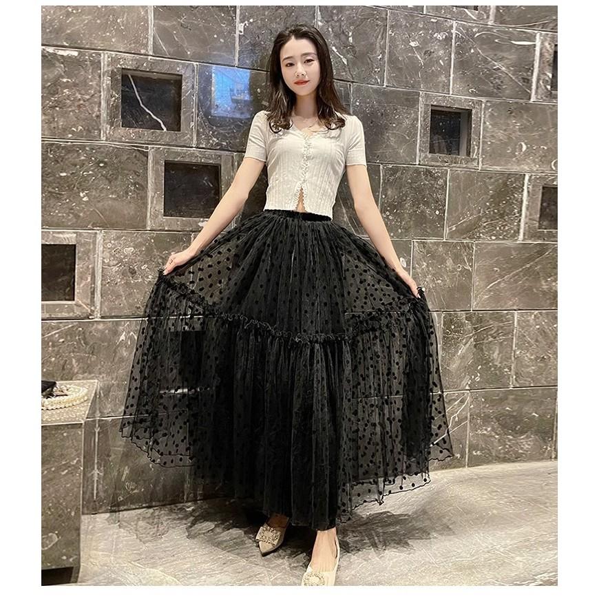 Qooth Women A-line Skirt Wide Hem Polka Dot Chiffon Mid Length Elastic Waist Casual Skirt QT2632