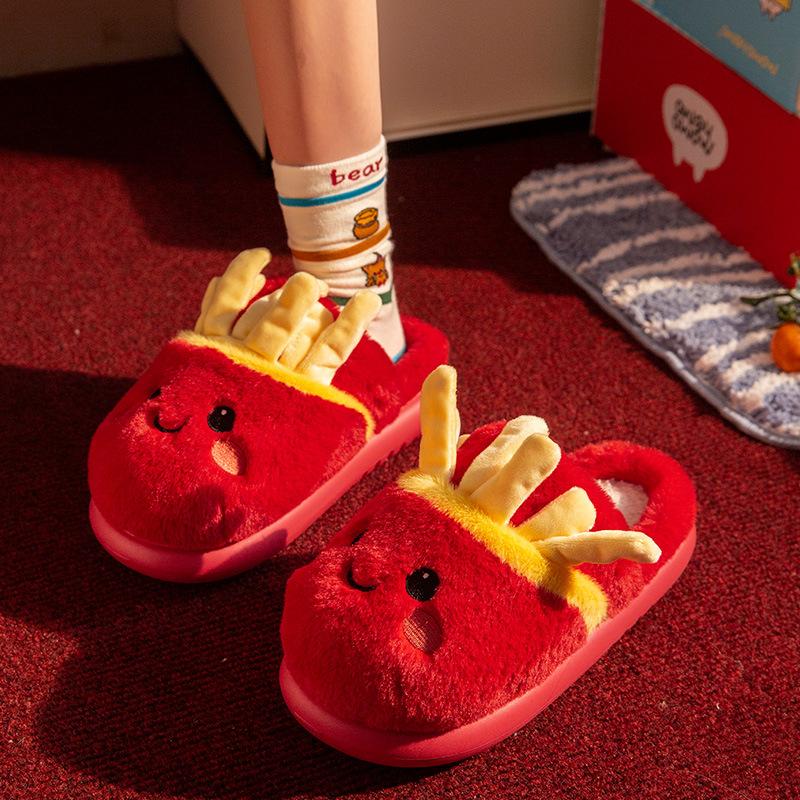 Fashion French Fries Cotton Slippers Women Men Autumn Winter Home Floor Shoes Cute Cartoon Warm Faux Fur Couples House Fluffy Slides