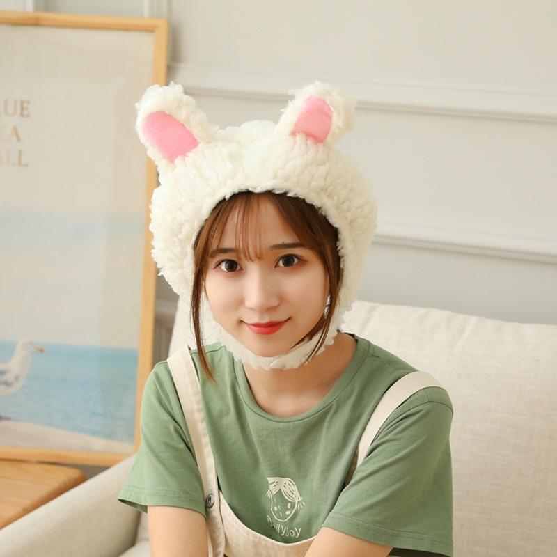 Lamb wool short rabbit ear hat, plush hood photo props photo props cartoon hood