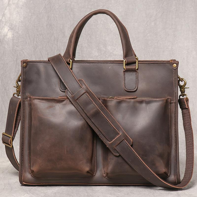 Retro Fashion Men'S Genuine Leather Laptop Bag Crazy Horse Leather Handmade Shoulder Oblique Span Bag Large Capacity Briefcase
