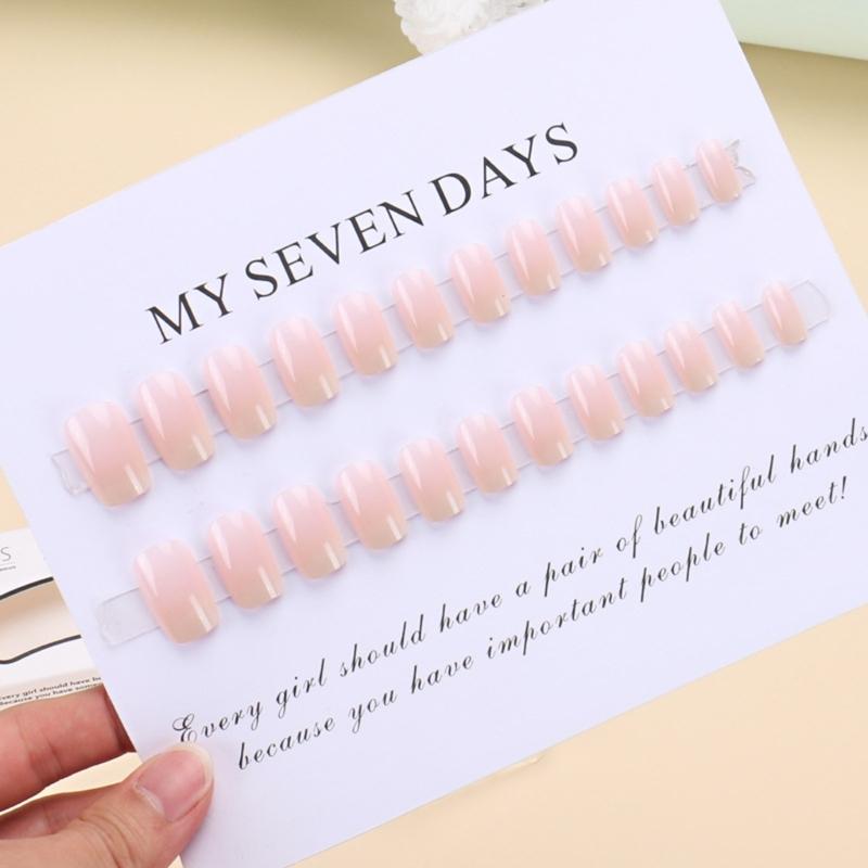 24Pcs Pink Gradient French Tip Square False Nail Short Press On Nail Glossy Acrylic Full Cover Stick On Nail for Women