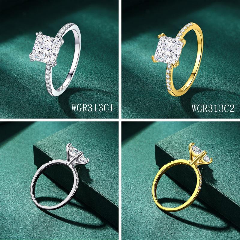 18K White Gold Plated S925 Sterling Silver Ring with Square Zirconia - Simple European & American Fashion Engagement Ring
