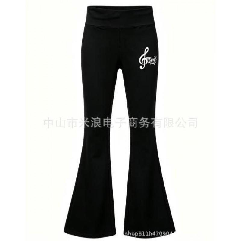 High-Waisted Retro Flared Pants With Treble Clef Print Women Streetwear Style Mid-Rise Straight Leg Trousers