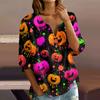 Women's Halloween Print V-Neck Button Three-Quarter Sleeve T-Shirt Casual Top