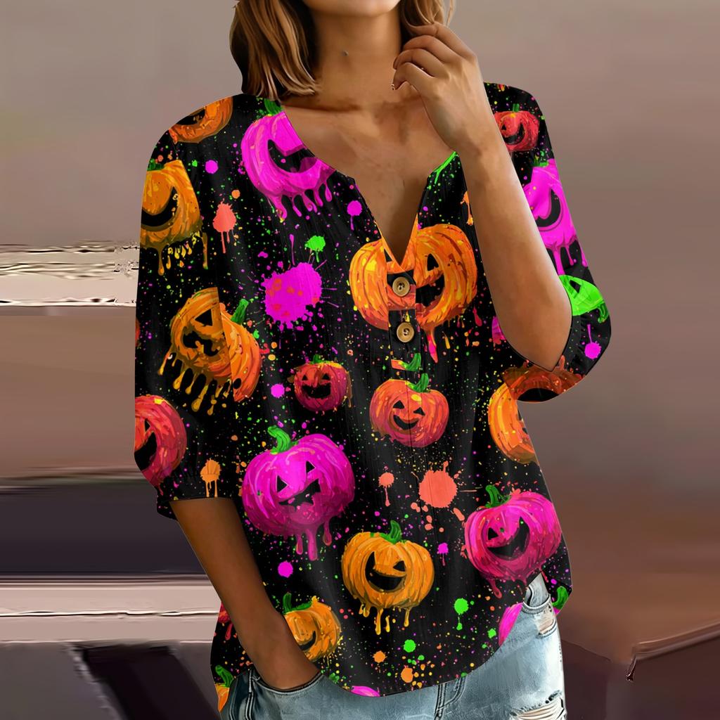 Women's Halloween Print V-Neck Button Three-Quarter Sleeve T-Shirt Casual Top