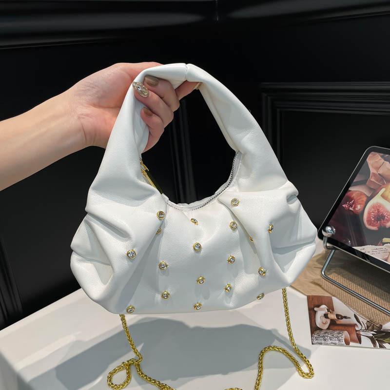 Vintage Rivet Design PU Shoulder Bags for Women Solid Color Ladies Chain Crossbody Bag Simple Girls Hobos Handbags Phe Clutch