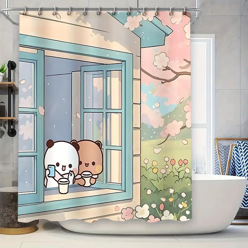 Dunika Chen Cute Cartoon Animal Shower Curtain For Bathroom Decor - Whimsical Bears And Blossoms Design Waterproof Durable Elevate Space