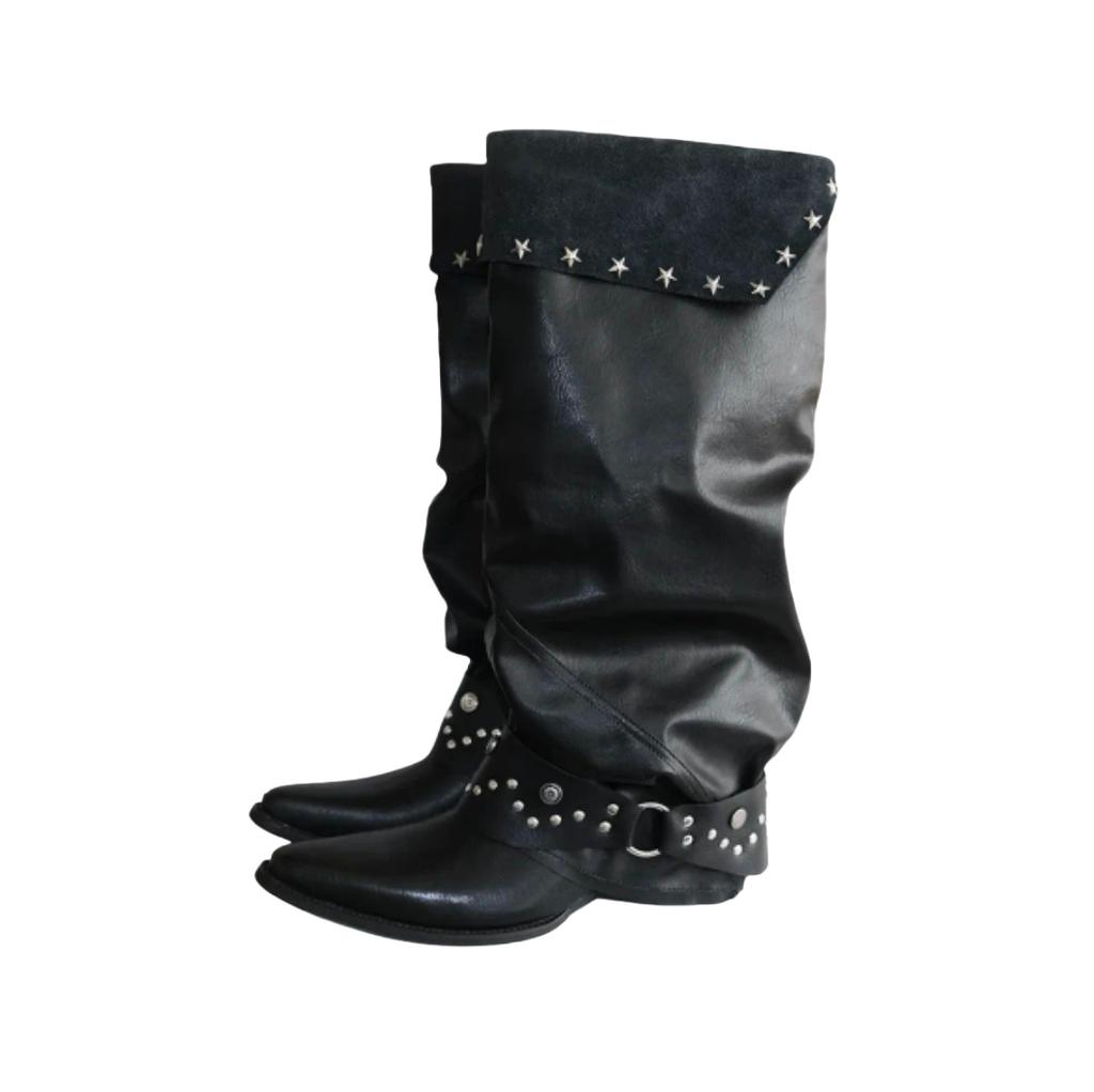 Spice Girl Rivet Pointed Trousers Boots Women'S Retro Belt Buckle Thick Heel Knight Boots Black Pile Boots Women'S