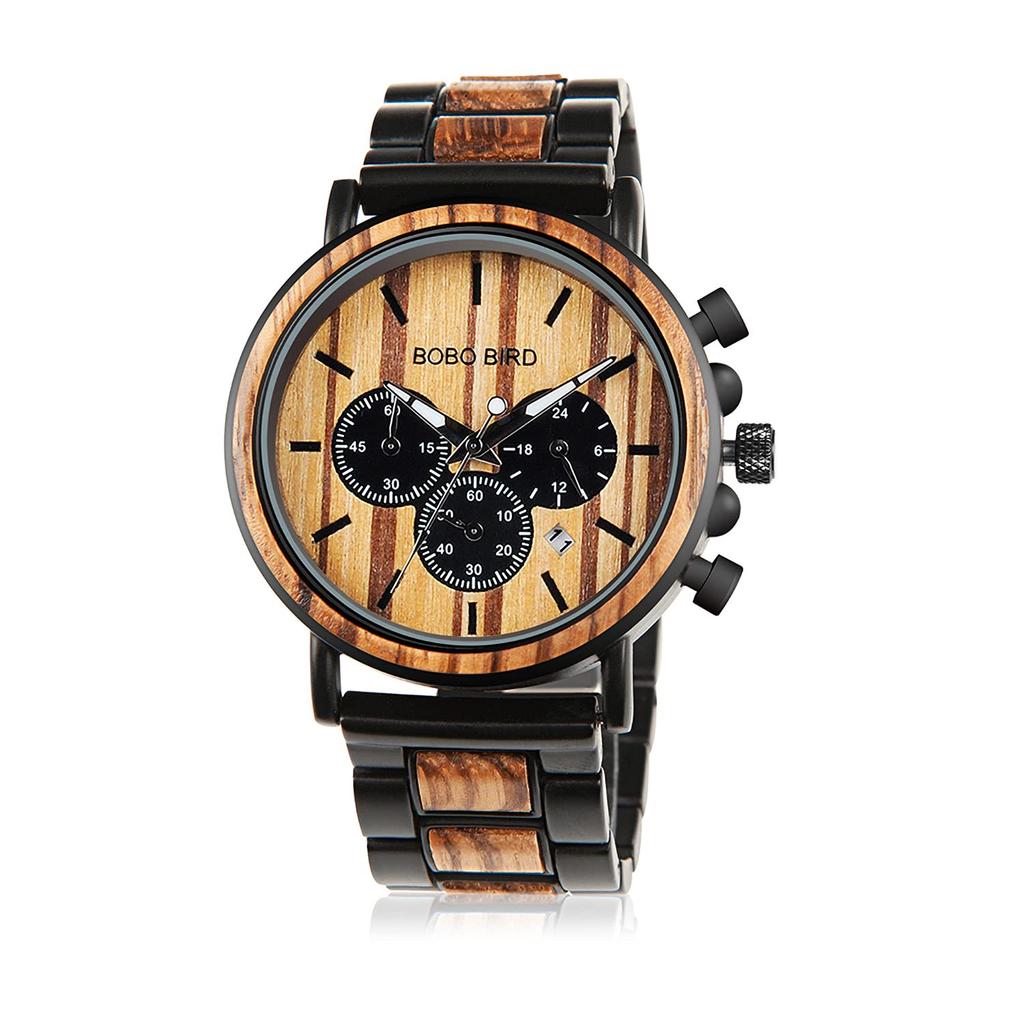 BOBO Bird Wooden Stylish Wood Stainless Steel Chronograph Military Quartz Casual Watch with Black Wood Band Men's Watch, &