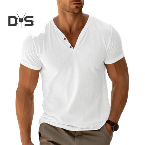 Męski T-shirt z kołnierzykiem henley z krótkim rękawem w jednolitym kolorze, letni, bawełniana mieszanka, casualowy top do noszenia na co dzień, na plażę, w podróży