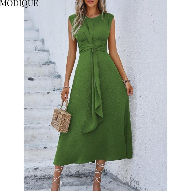 MODIQUE 2025 Summer Plus Size New Women's Casual Solid Color Off Shoulder Elastic Waist Sleeveless O-Neck Long Dress