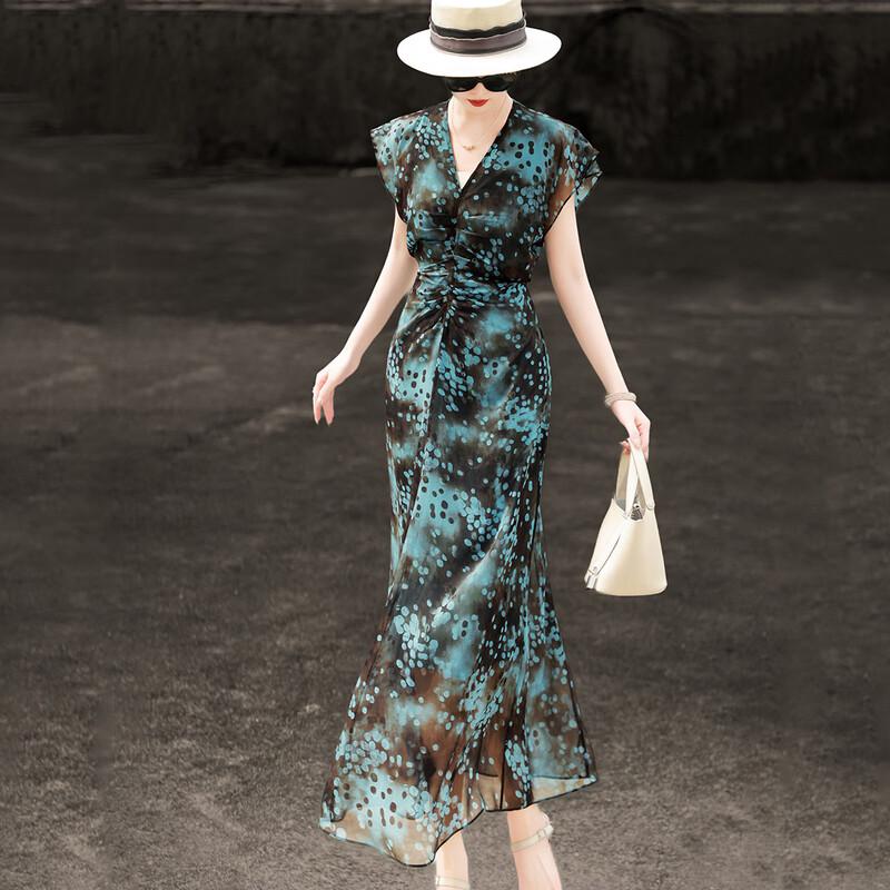 Summer French Polka Dot V-Neck Chiffon Dress XL
