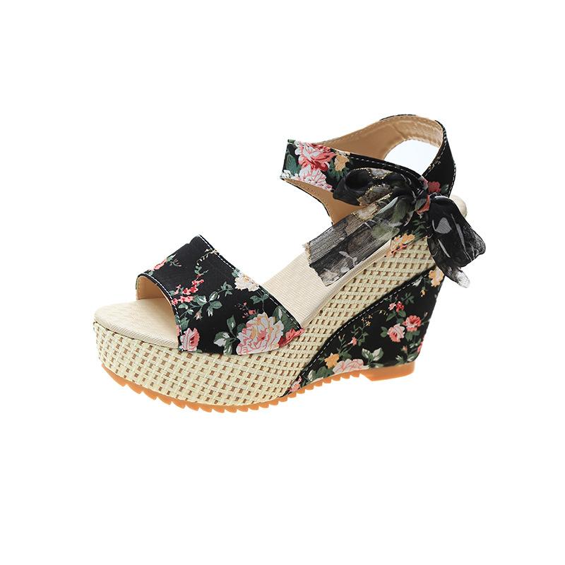 

Bohemian thick-soled wedge heel high heel fish mouth women s sandals muffin and flower ribbon beach shoes 35 чёрный