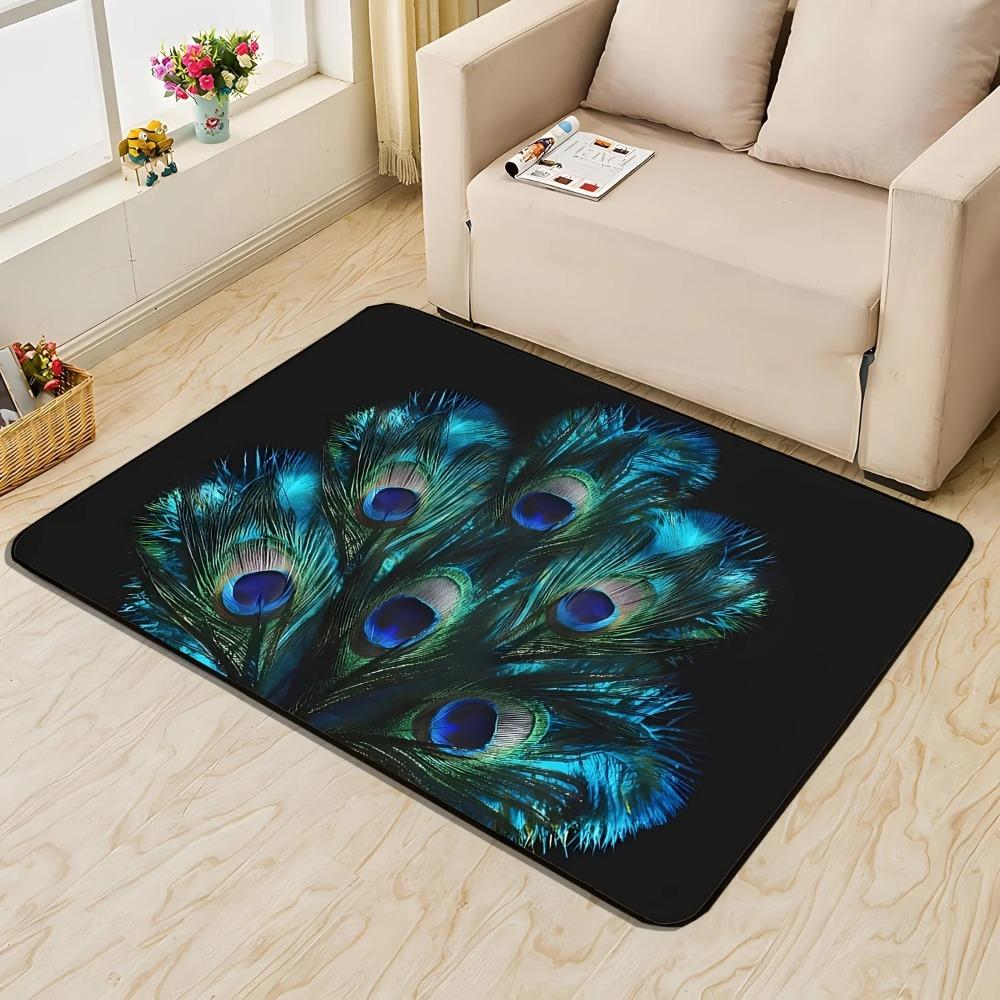 Peacock Feather Area Rug Teal and Blue Peacock Decor for Living Room Bedroom Kitchen Floor Home Decoration Indoor Outdoor