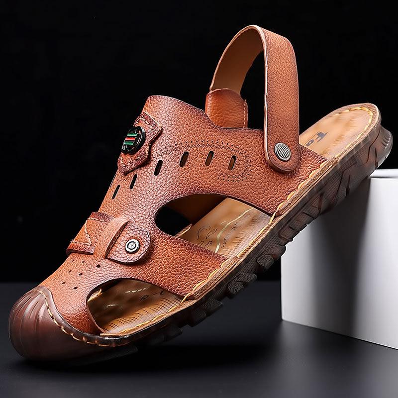 Baotou sandals men's leather casual beef tendon sole first layer cowhide beach shoes dual-purpose driving wear-resistant non-slip dad shoes
