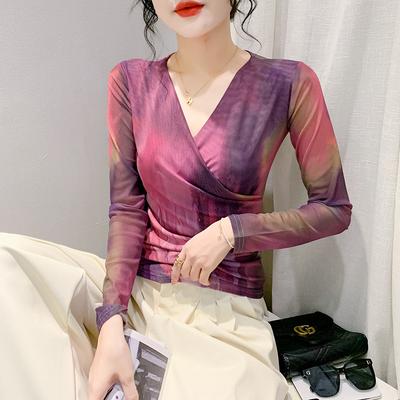 Winter Cross V-neck T-shirt Women's Long-sleeved Fashion Contrasting Top Foreign Style Bottoming Shirt