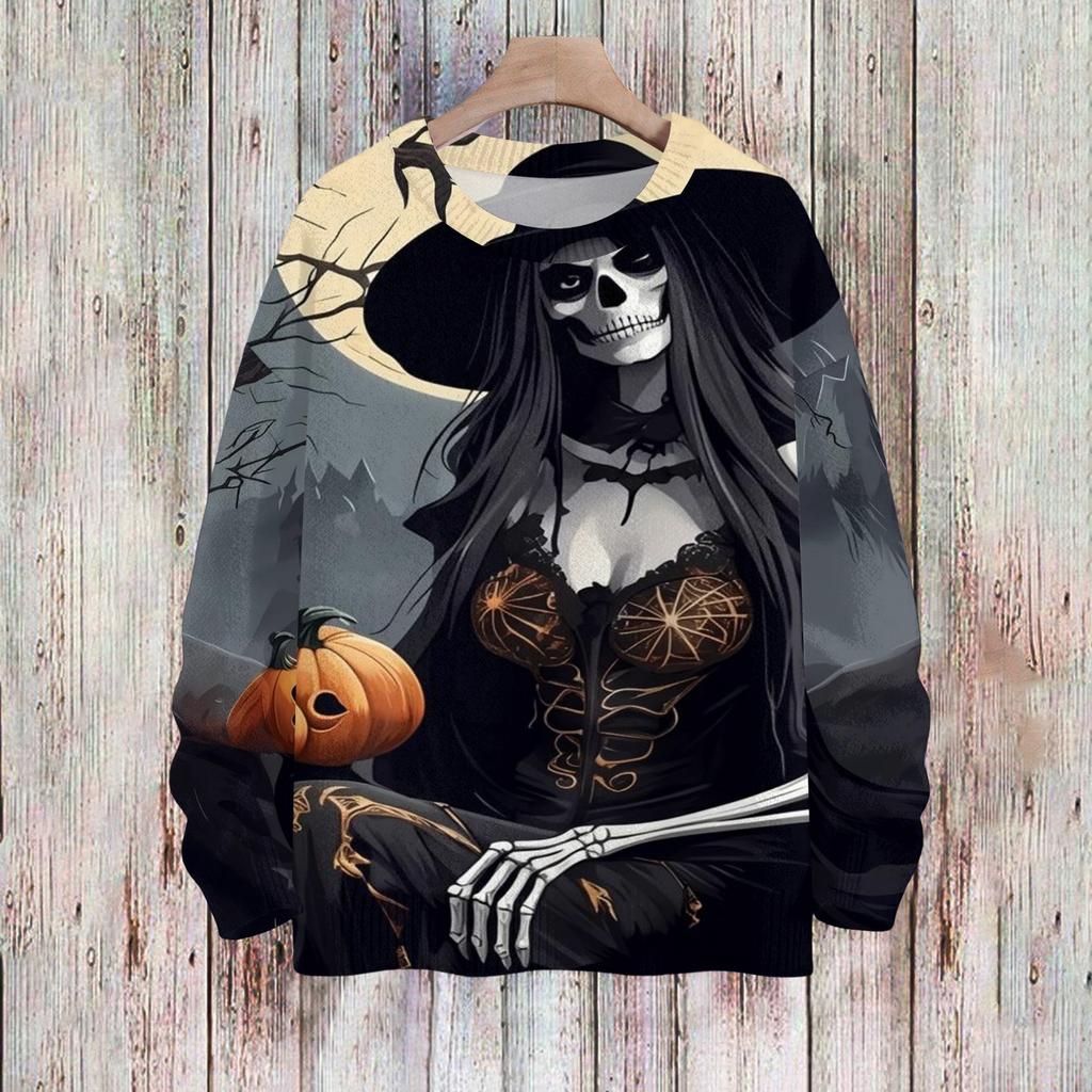 Women's Long Sleeve Halloween Print Neck Knit Pullover Sweater for Casual Wear