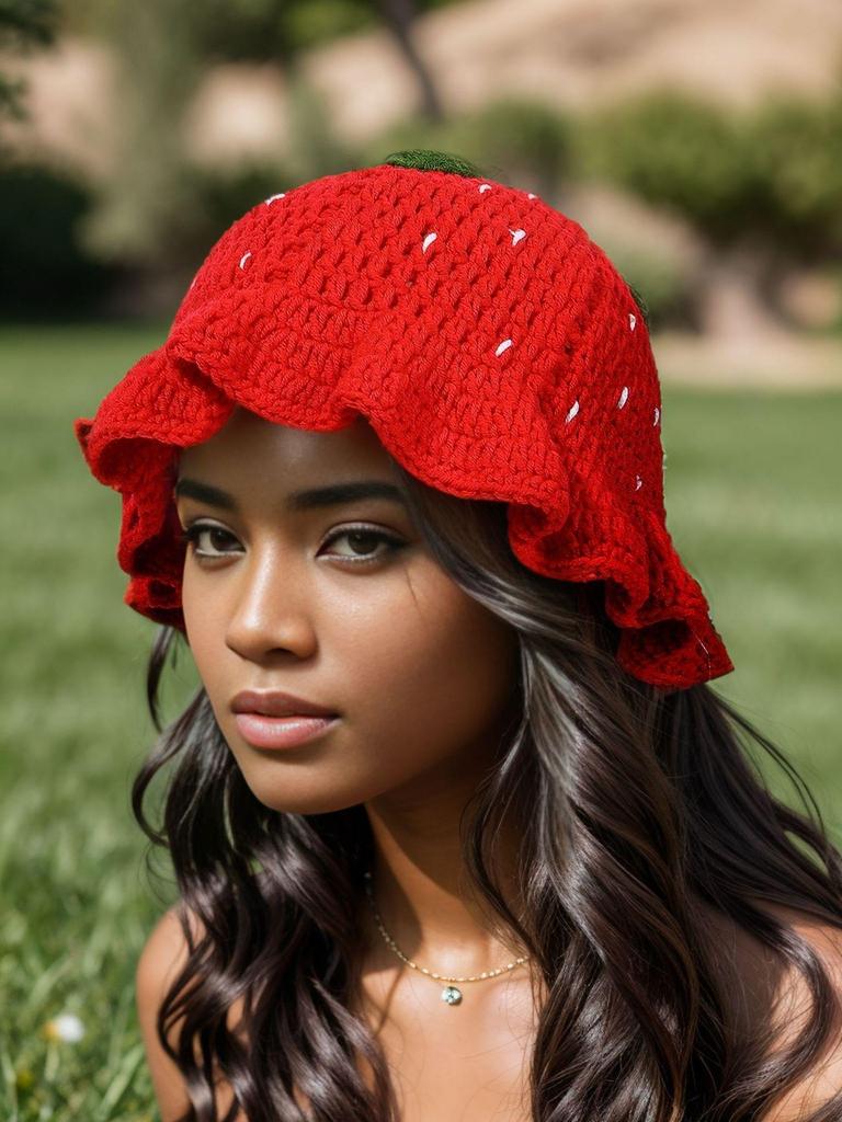 Strawberry Ruffle Crochet Woolen Hat - Women's Cute Autumn/Winter Fisherman Style