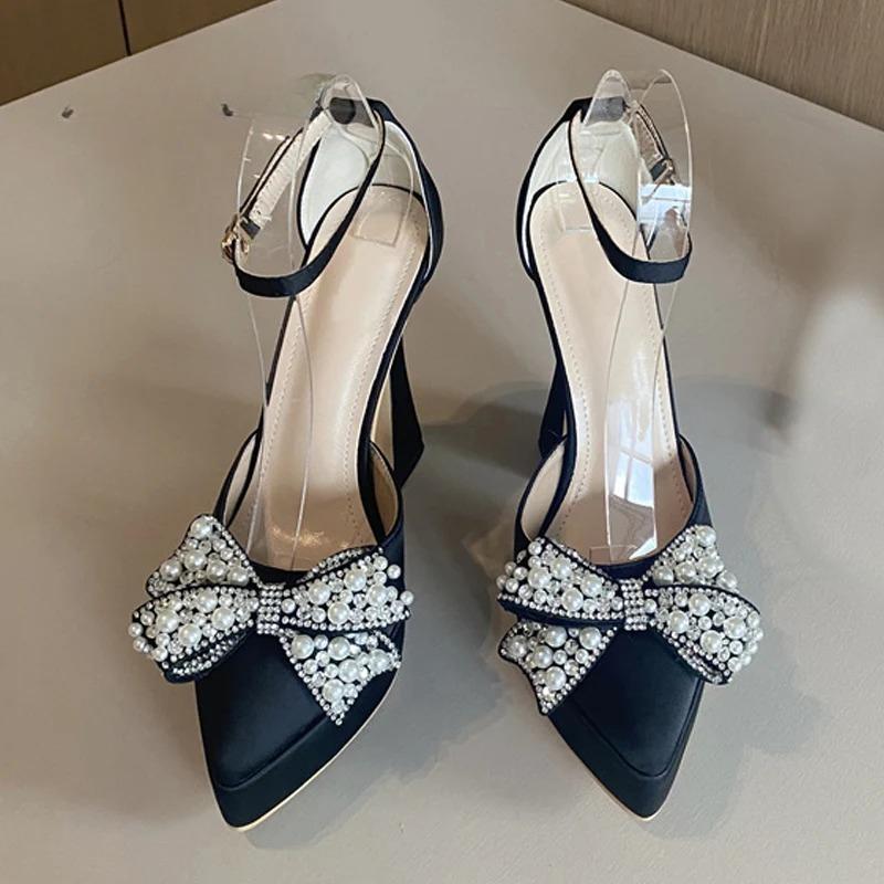 Fashion Women Shoes Pearl Butterfly-Knot High Heels Sandals Sexy Thick Bottom Pointed Toe Platform Pumps for Women Wedding Banquet Shoes