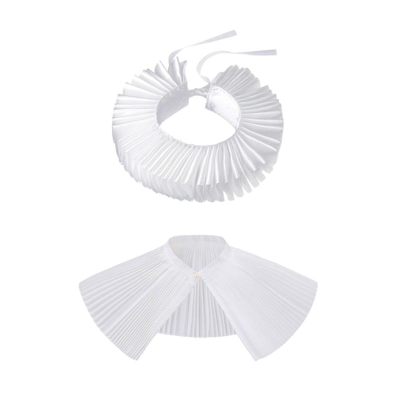 

Renaissances Clown Collar Elegant White Neck Ruff Shawl and Faux Cuffs Set for Masquerades and Dress Up Event Accessory