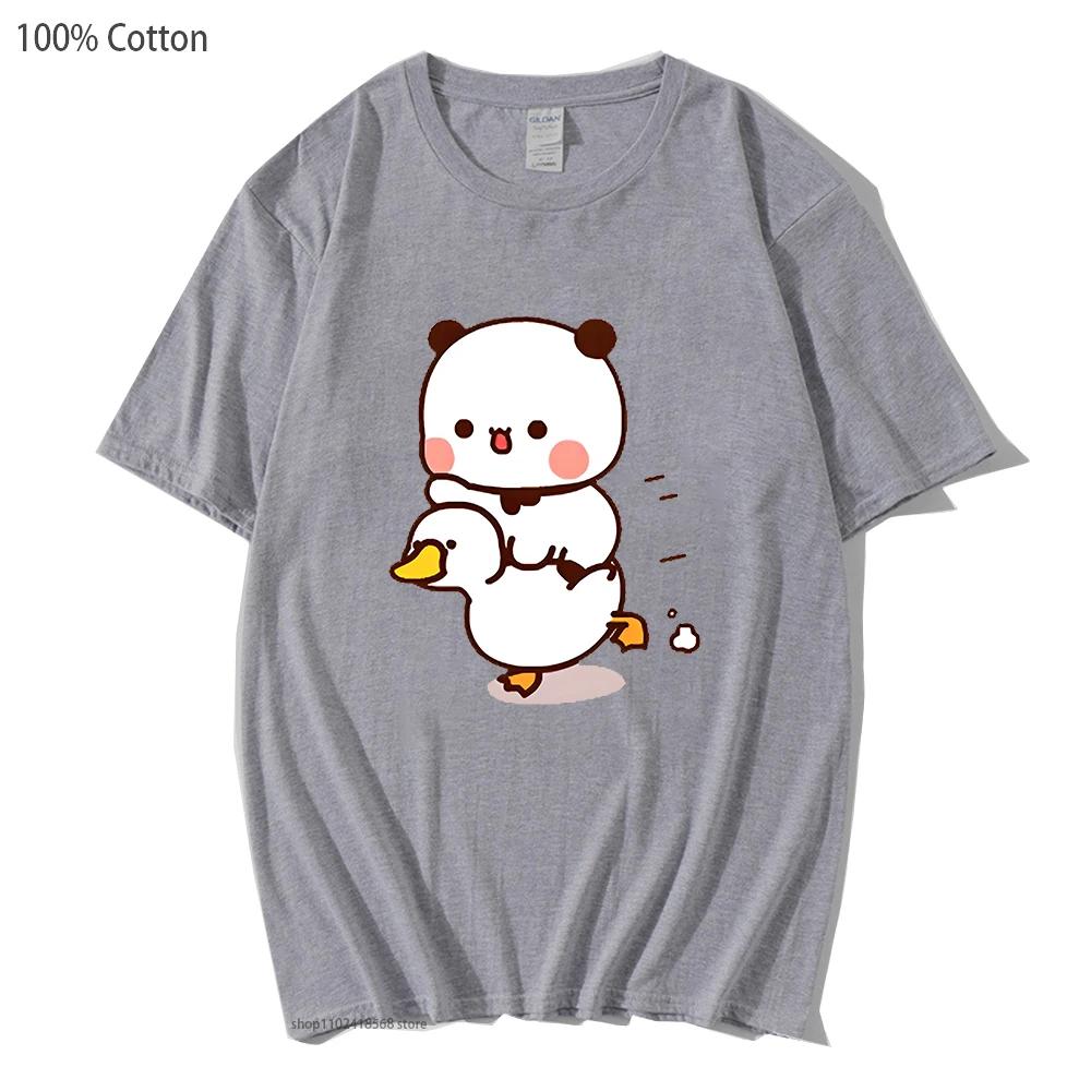 Cute Bubu and Duud Is Riding A White Duck Tshirt Panda and Brownie Bear Clothes Cotton T-Shirts for Men Women Couple