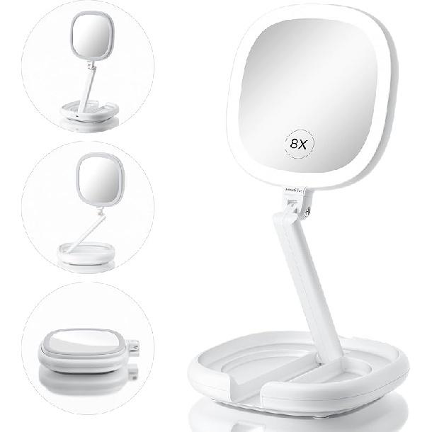 6.3   Makeup Mirror with Magnification, 1X/8X Magnifying Vanity Mirror with 3 Light Modes, Rechargeable Double-Sided LED Lighted Mirror, Adjustable 8x