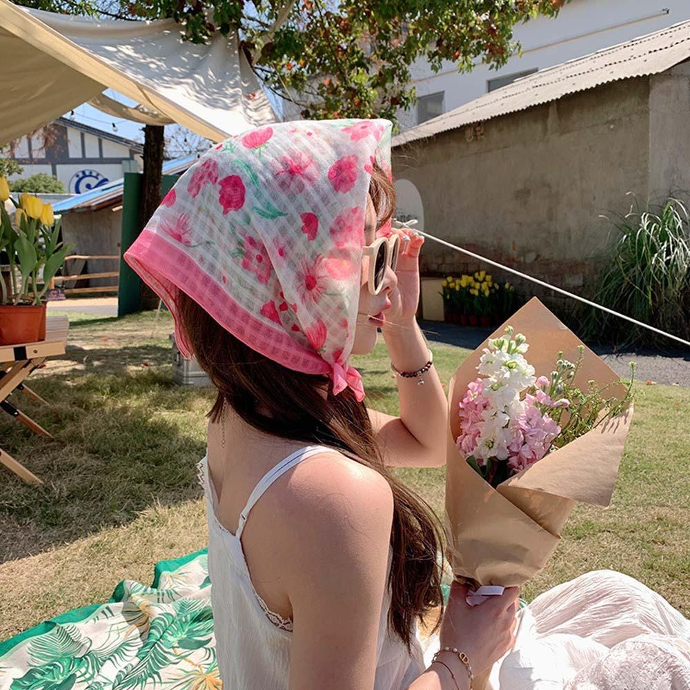 Breathable Spring Silk Scarf Sweat-absorption Square Hijab Scarf Flower Printed Headscarf  Girls