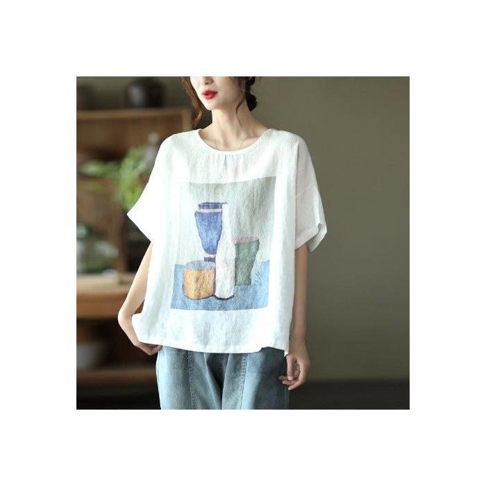 

Новый летний ретро литературный принтованный топ из хлопка и льна для женщин, свободная футболка с круглым вырезом и короткими рукавами, универсальная модель 3XL