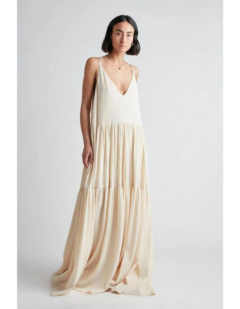 European Women's Summer Pleated Irregular Maxi Dress with Adjustable Straps