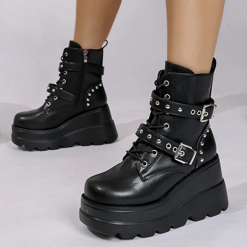 Women'S Gothic Chunky Platform Ankle Boots Thick Bottom Wedges Pu Leather Combat Shoes Woman Rivet Buckle Decor Black Punk Boots
