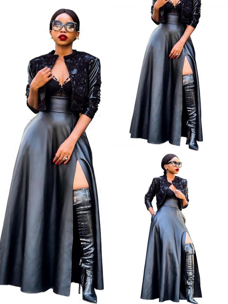 Sleek Leather Jacket & High-Slit Midi Skirt Set with Irregular Hem - Sexy European & American Style