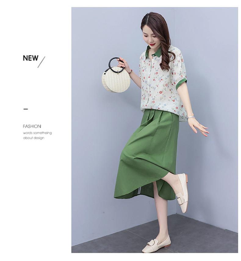Women's Summer 2025 Floral Ramie Two-Piece Suit: Age-Reducing Top and Skirt Set
