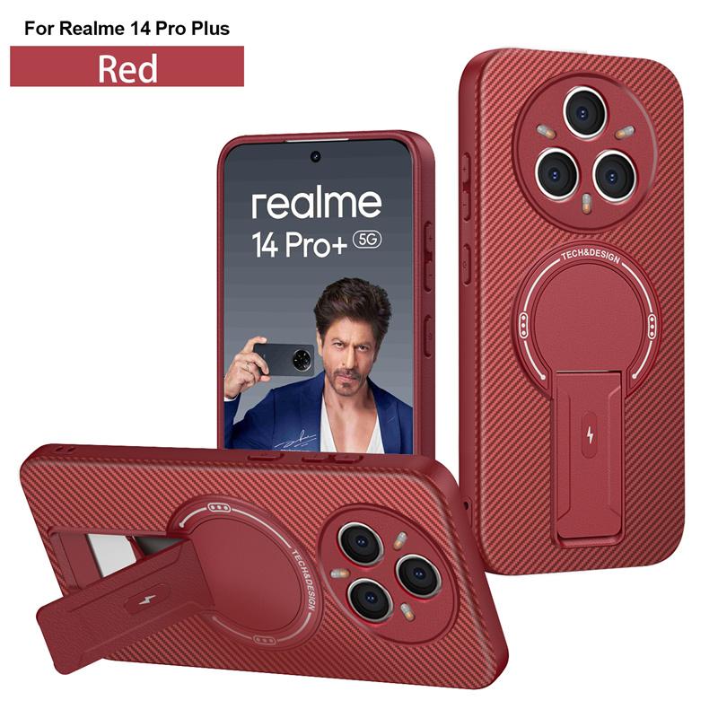 

Бронированный чехол для телефона с рисунком под карбон для Realme 14 Pro + Plus 5G, чехол, магнитная беспроводная зарядка, складная подставка, задняя крышка Fundas realme 14 Pro+