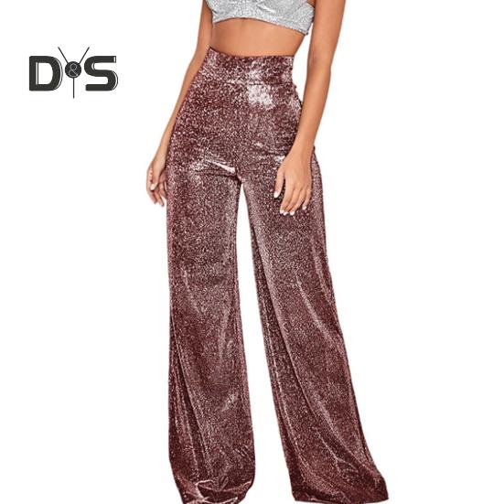Spodnie damskie z szerokimi nogawkami i nadrukiem na gorąco, błyszczące, długie, klubowe, występy, zapięcie na suwak, spodnie z brokatem