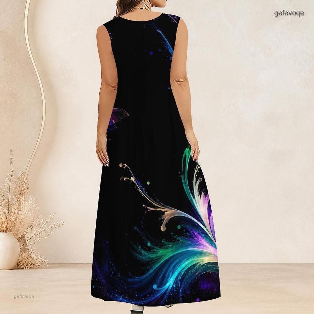 Women Plus Size Scoop Neck Sleeveless A Line Black Floral Butterfly Print Maxi Dress