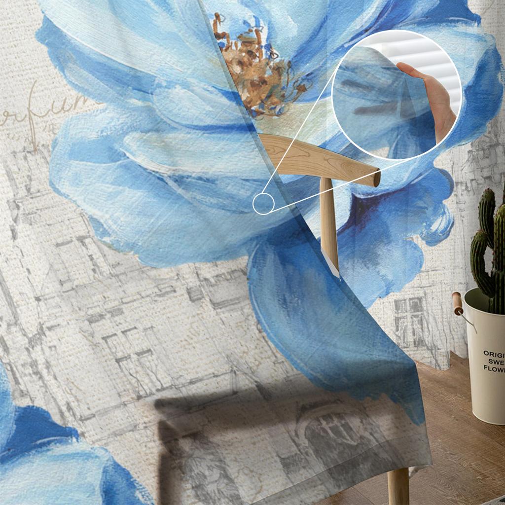 Vintage Flowers Peony Blue Window Curtains Sheer Chiffon Tulle Curtain Home Living Room Backdrop Decoration