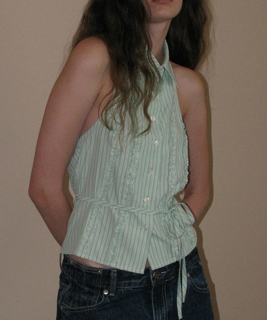 PARTIMENTO WOMEN Frill Trim Halterneck Shirt_Light Green