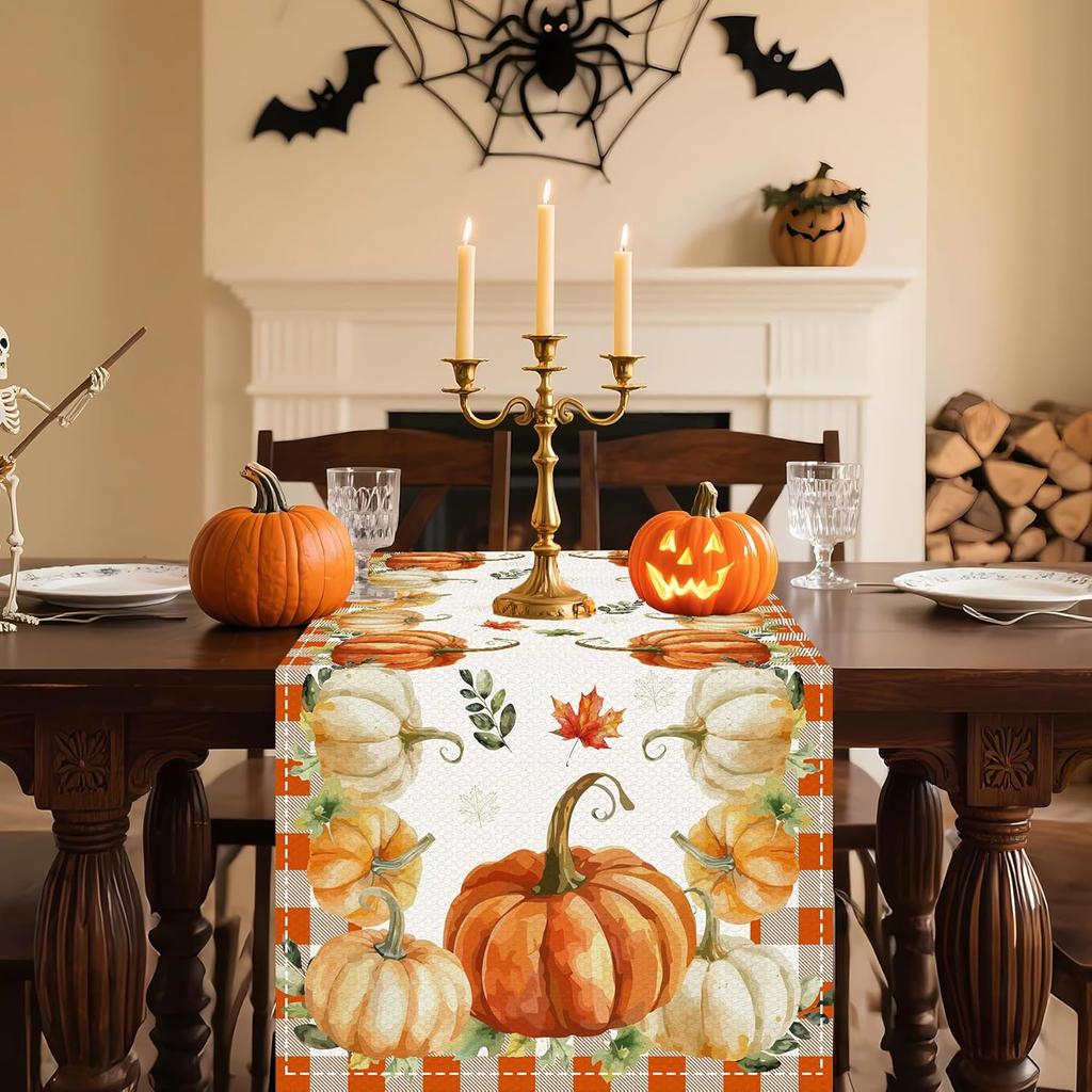 Pumpkin Fall Table Runner, Autumn Thanksgiving Pumpkin Kitchen Dining Table Decoration, Holiday Party Decor, 13x72 Inch