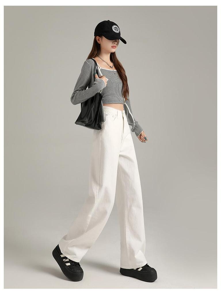 2025 New Women's High-Waist Slim Fit White Wide-Leg Jeans - Versatile Summer Thin Trousers